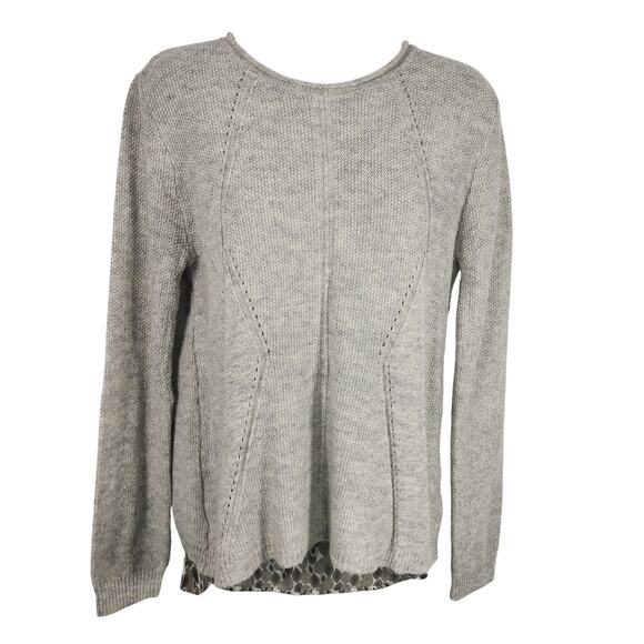 Coin 1804 Women Sweater Gray Split Back Leaf Print Shirttail Hem Pointelle Small - Picture 1 of 8